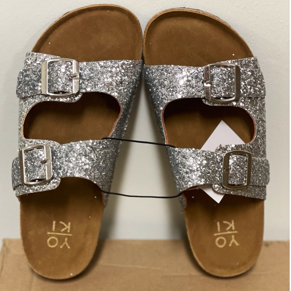 STROLL SEQUIN DOUBLE BUCKLE FLATS SLIDE SANDALS SILVER NWT! - Picture 11 of 11